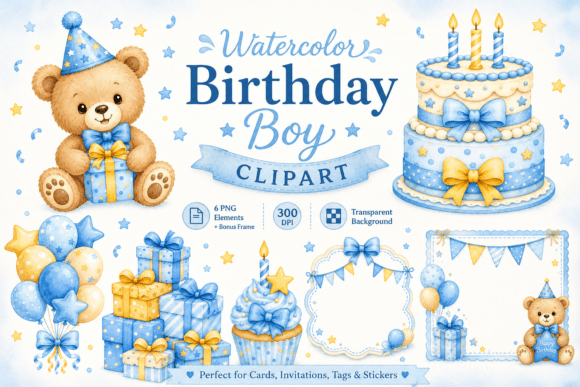 Download Watercolor Birthday Boy Card Elements - Elements Collection