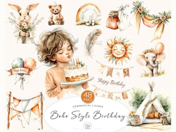 Download 48 Boho Birthday Clipart PNG Set - Boho birthday clipart Collection